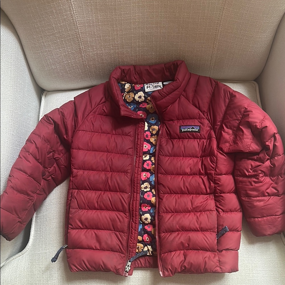 Patagonia Kids Down Sweater Jacket- red with floral lining
